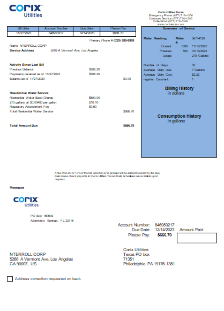 Corix Utilities business bill, SCR PSD template